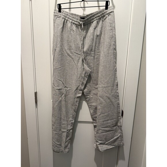 Women’s J.CREW Black Striped Linen-Cotton Blend Drawstring Pant 14 Slim Wide Leg - Picture 1 of 5